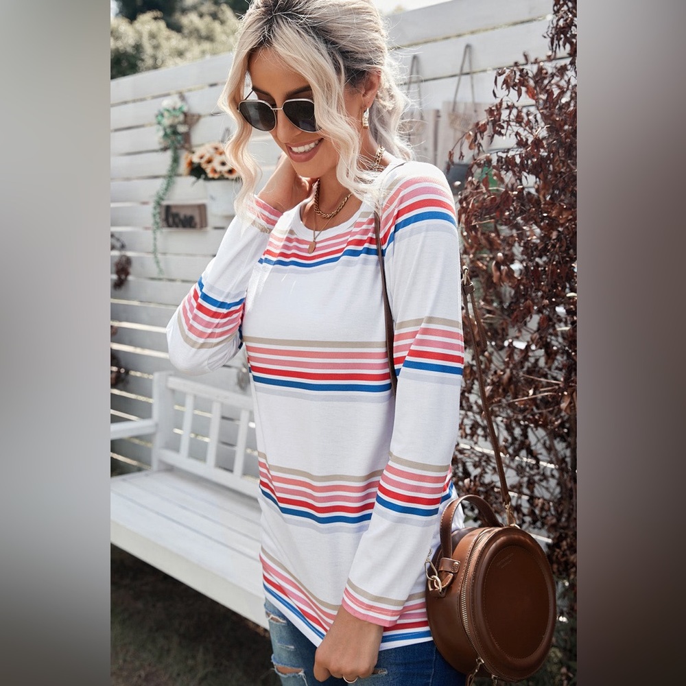 White Long Sleeve Colorful Stripe Tee | Small | NWT |
